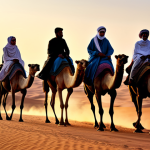 **

"A family-friendly scene of tourists riding camels through the Sahara desert at sunset, fully clothed in modest desert attire, appropriate content, safe for work, perfect anatomy, natural proportions, dramatic lighting, travel photography, high quality, professional."

**