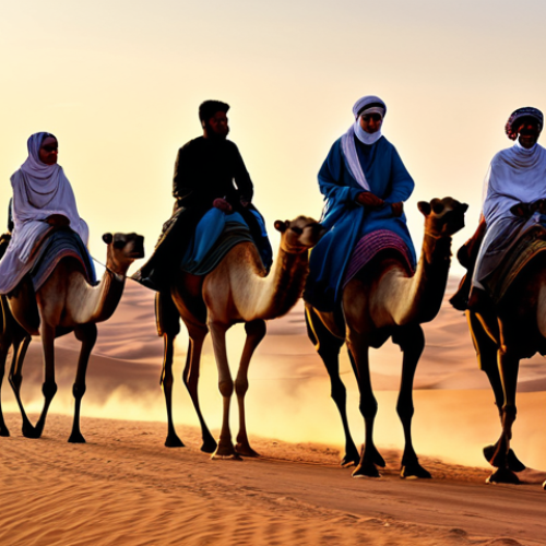 Home 4 **
"A family-friendly scene of tourists riding camels through the Sahara desert at sunset, fully clothed in modest desert attire, appropriate content, safe for work, perfect anatomy, natural proportions, dramatic lighting, travel photography, high quality, professional."
**