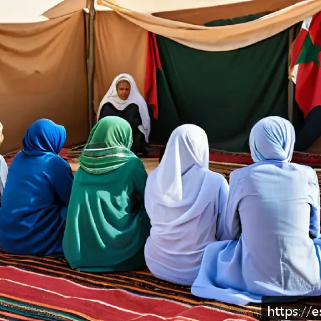 사하라 아랍 민주 공화국 정치 체제 - A detailed scene of a Sahrawi political assembly in a desert refugee camp setting, showing a diverse...
