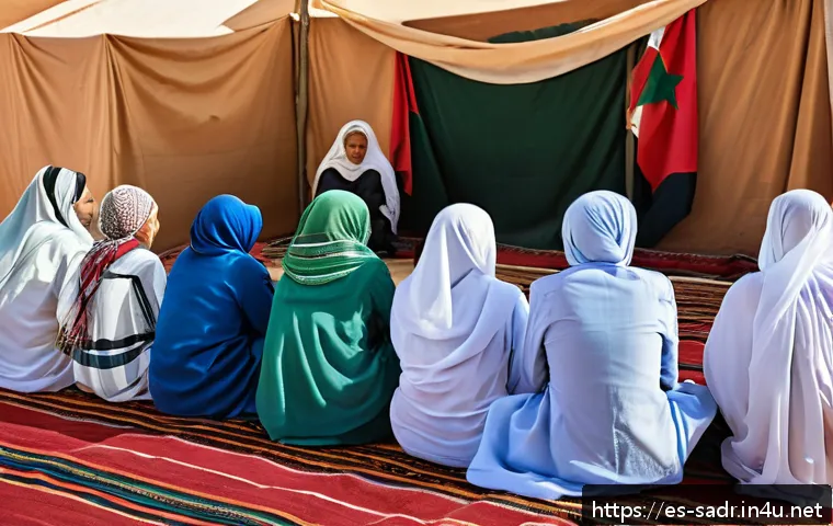 사하라 아랍 민주 공화국 정치 체제 - A detailed scene of a Sahrawi political assembly in a desert refugee camp setting, showing a diverse...
