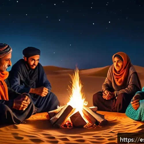 Home 33 사하라 아랍 민주 공화국 문화 - A warm desert night scene showing a group of Sahrawi people gathered around a campfire under a starr...