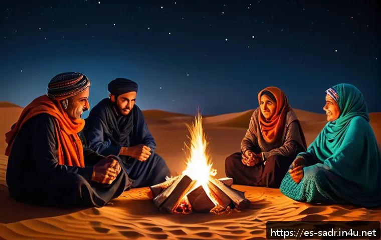 사하라 아랍 민주 공화국 문화 - A warm desert night scene showing a group of Sahrawi people gathered around a campfire under a starr...