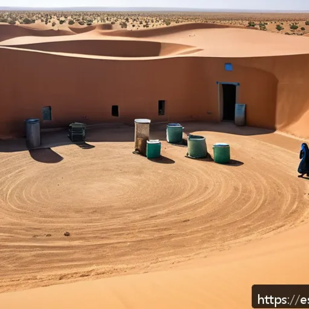 사하라 아랍 민주 공화국 내 기후 변화 대응 정책 - A detailed desert landscape in the Sahara featuring traditional underground cisterns and wells enhan...