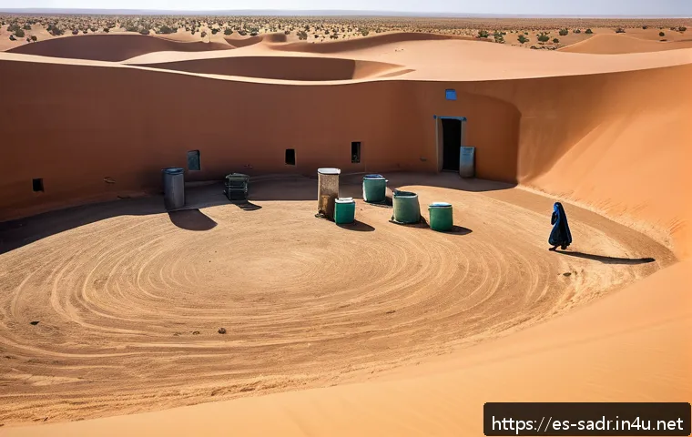 사하라 아랍 민주 공화국 내 기후 변화 대응 정책 - A detailed desert landscape in the Sahara featuring traditional underground cisterns and wells enhan...