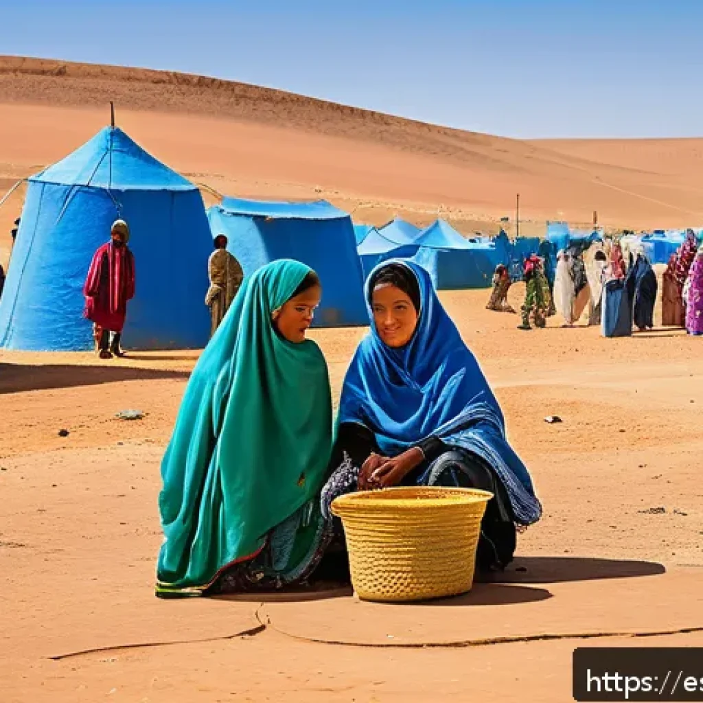 사하라 아랍 민주 공화국 내 난민 문제 - A vibrant Sahrawi community scene in a desert refugee camp, showcasing resilient families gathering ...