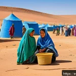 Home 18 사하라 아랍 민주 공화국 내 난민 문제 - A vibrant Sahrawi community scene in a desert refugee camp, showcasing resilient families gathering ...