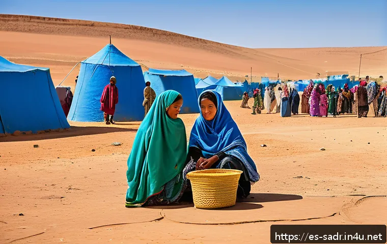 사하라 아랍 민주 공화국 내 난민 문제 - A vibrant Sahrawi community scene in a desert refugee camp, showcasing resilient families gathering ...